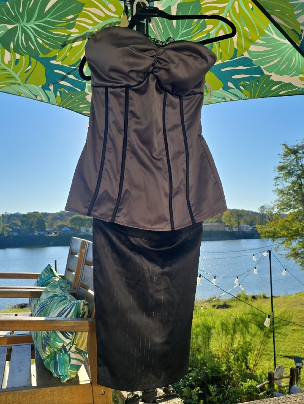 Y2K Dress Set: Taupe Pinstripe Corset And Black Pinstripe Pencil Skirt